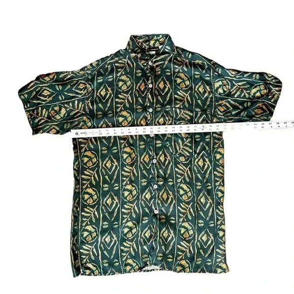 Vtg CEZAR  100% Silk Green / Brown Print Short Sleeve Button Down Shirt sz S - Picture 3 of 7